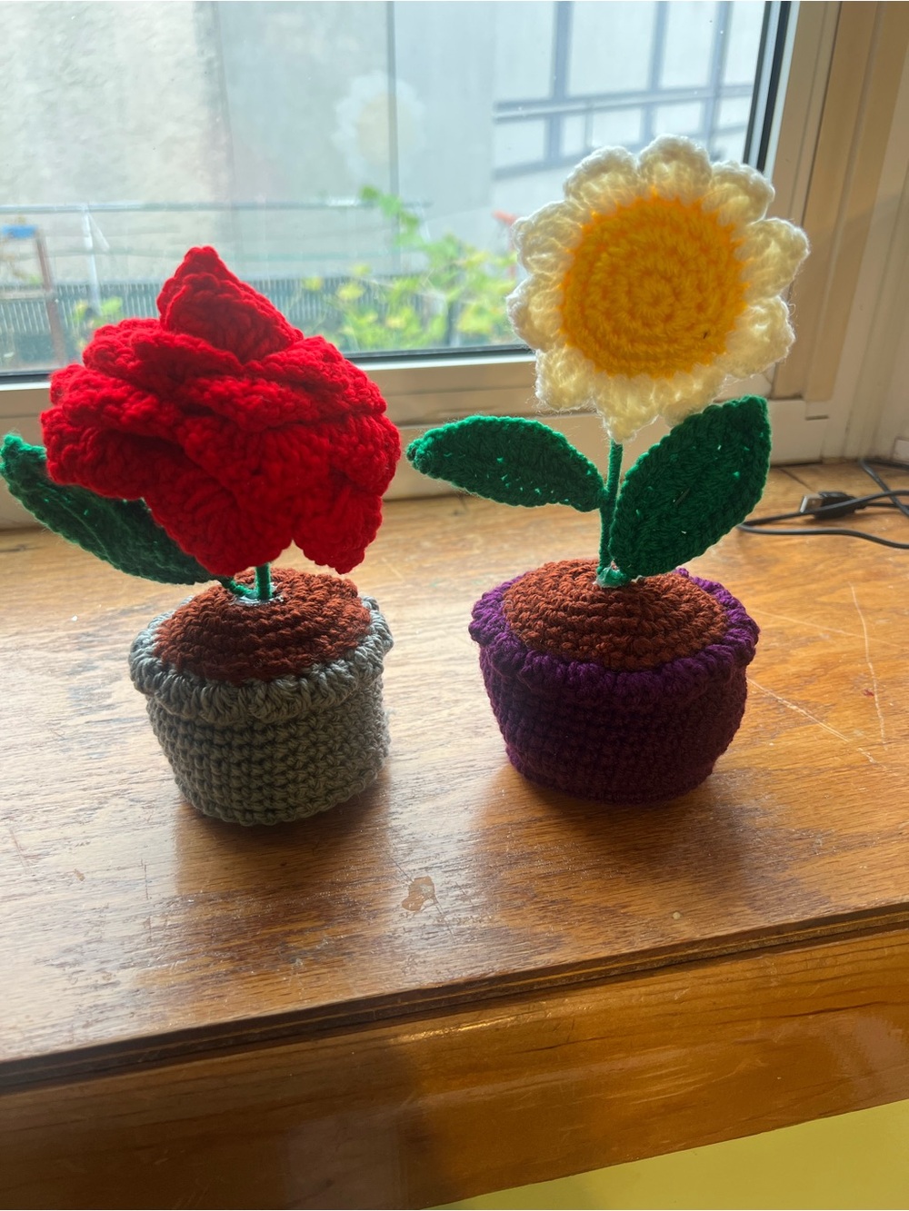 Handmade Crochet Flower Pot Duo – Red Rose & Yellow Daisy